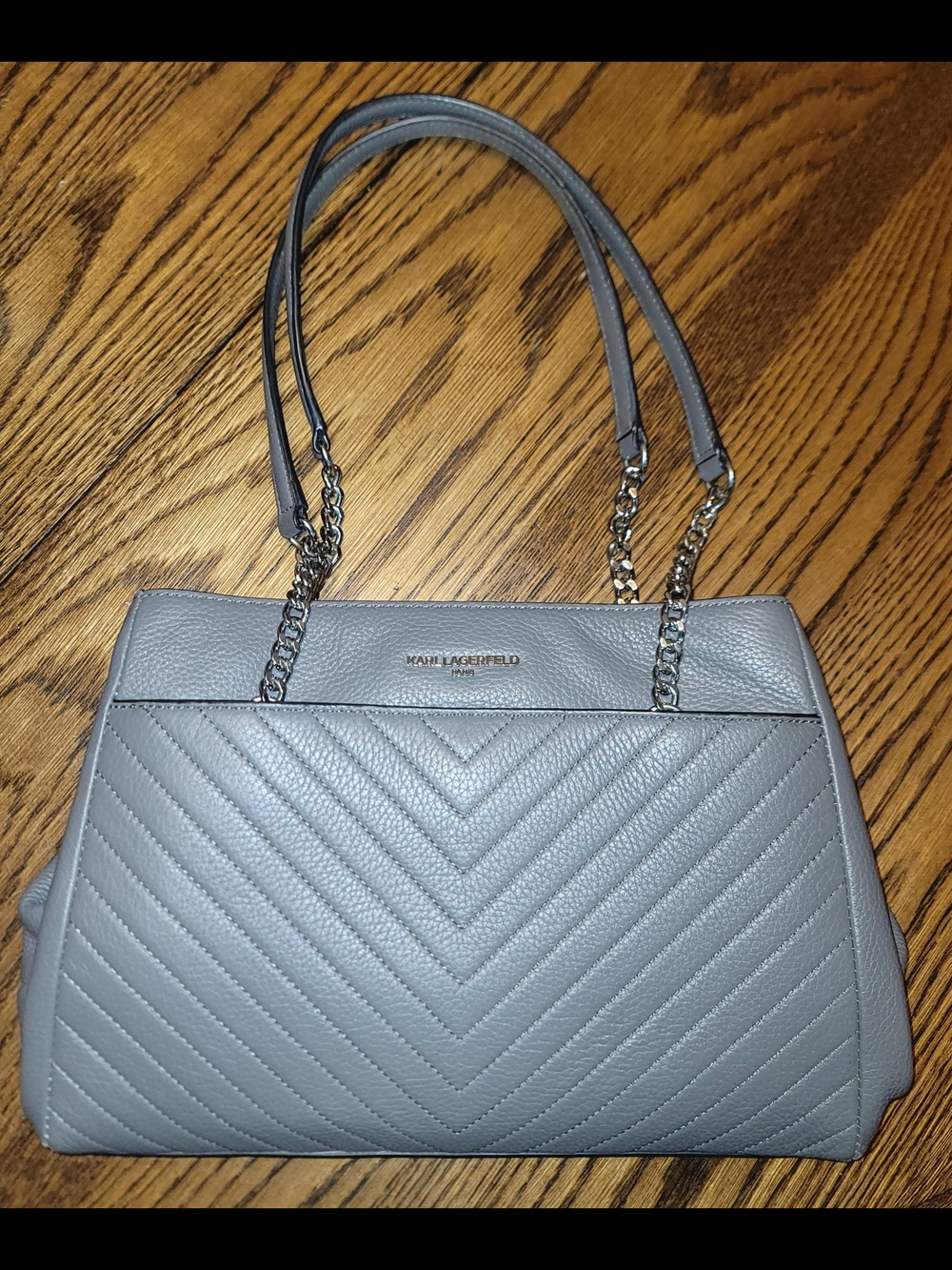 Karl Lagerfeld Paris Charlotte quilted leather tote bag in gray with silver